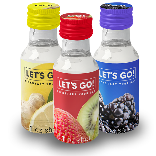 Three flavors of the Let's GO shot bottles